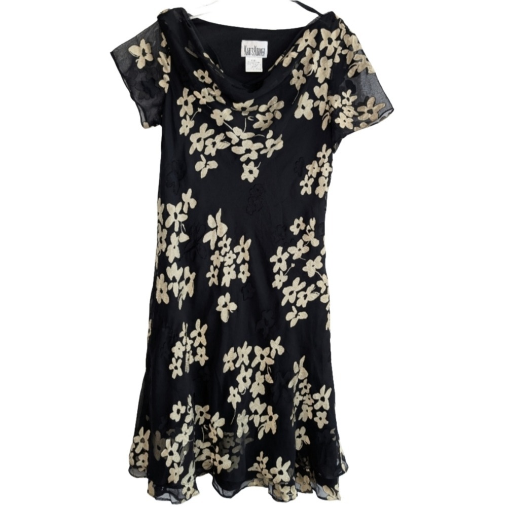 Vintage‎ Kari's Korner Women's Size 12 Black Cream Floral Layered Midi Dress